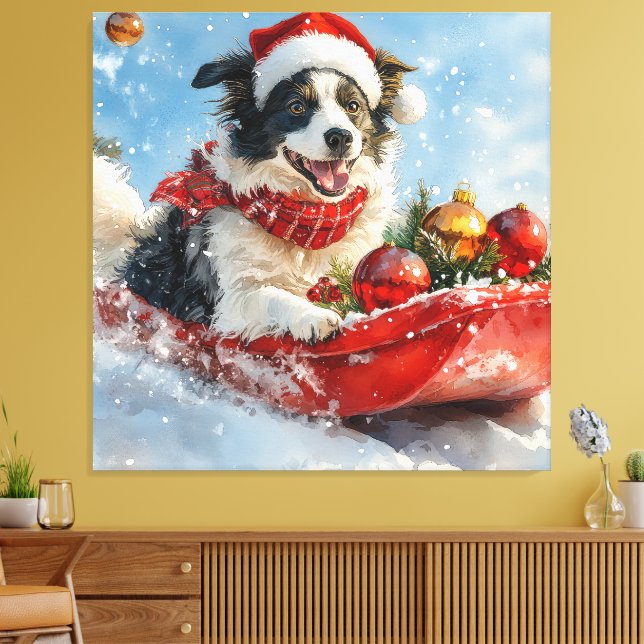 Lienzo Border Collie Perro en Trineo Deja que Nieve Navid (Insitu (Sala de estar))
