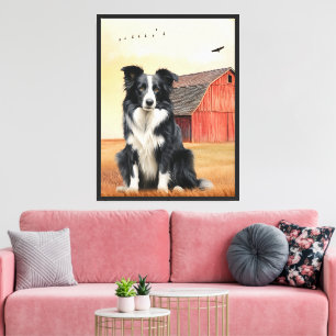 Lienzo Border Collie perro y rancho de granero rojo