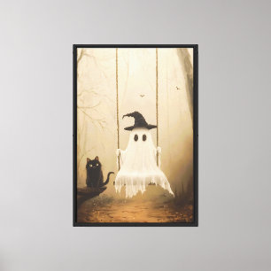 Lienzo Bosque de fantasía vintage - Gato fantasma y negro
