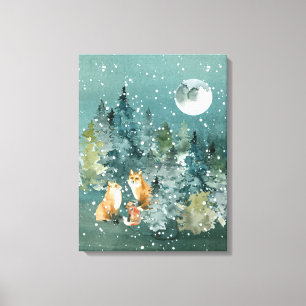 Lienzo Bosque familiar de zorros bajo la luna llena nevad