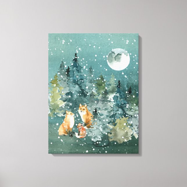 Lienzo Bosque familiar de zorros bajo la luna llena nevad (Anverso)