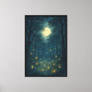 Lienzo Bosque iluminado por la luna con luciérnagas