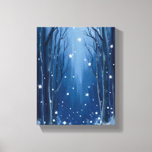 Lienzo Bosque invernal azul de nieve que cae Pintado acua
