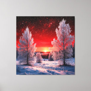 Lienzo Bosque Invernal Nevado Bajo Puestas de Sol Rojas