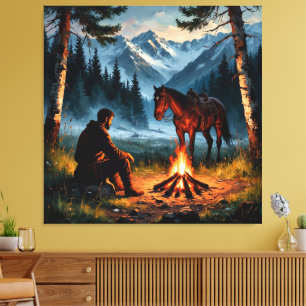 Lienzo Bosque montañoso con caballo al crepúsculo