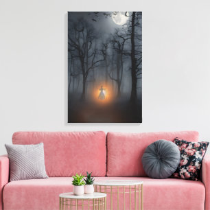 Lienzo Bosque neblinoso a la luz de la luna y figura bril
