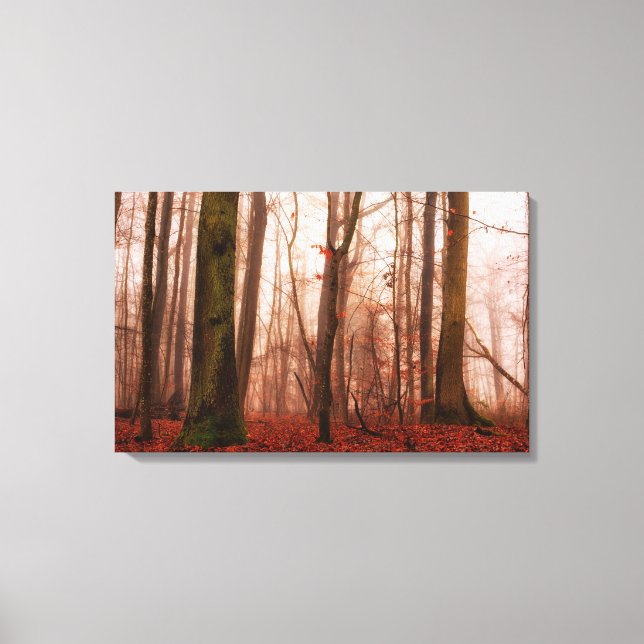 Lienzo Bosque snowless del invierno de niebla rojo (Anverso)