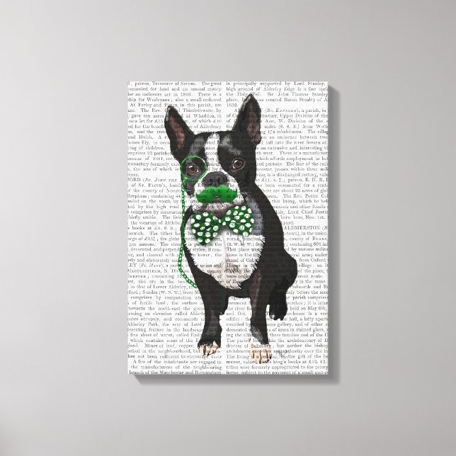 Lienzo Boston Terrier con bigote verde y azadón visto (Anverso)