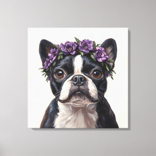 Lienzo Boston Terrier con Corona de Flores Purpura