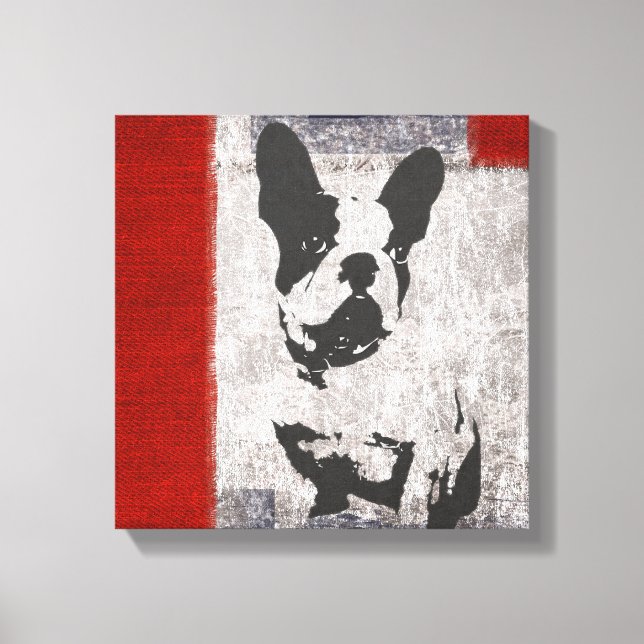Lienzo Boston Terrier en blanco y negro con borde rojo (Anverso)