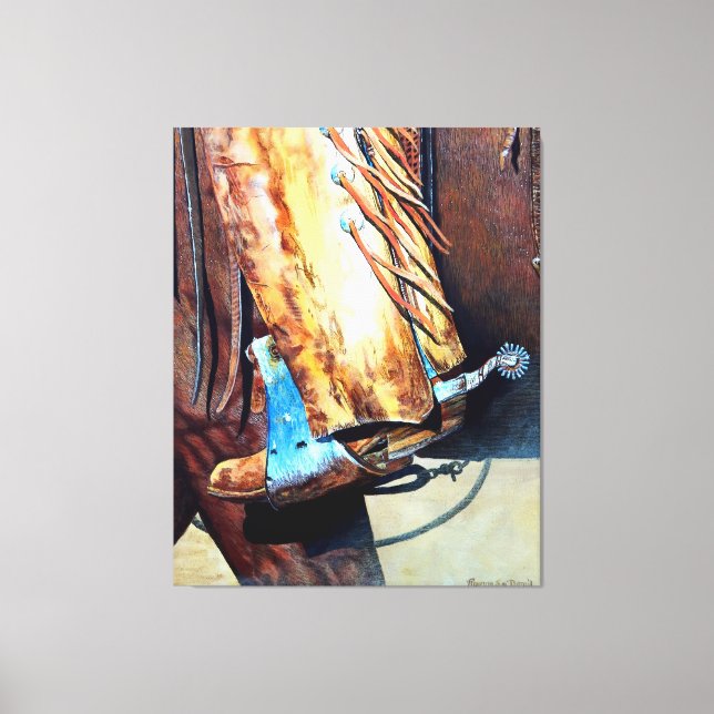 Lienzo Bota de vaquero occidental y caballo de rodeo, dib (Anverso)