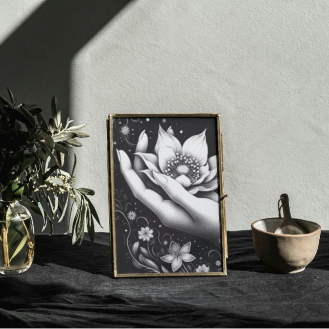 Lienzo Botanical Hand Etching with Falling Petals Canvas (Mystical feminine lotus art, soft power and floral elegance for modern boho or Japandi-style decor)