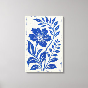 Lienzo Botánico Azul Cobalto Linóleo Floral Vintage