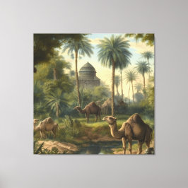 Lienzo Botánico: dromedarios en la selva cerca de un río