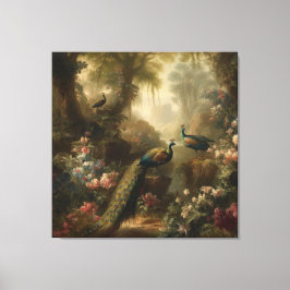 Lienzo Botánico: tres pavos reales en jardín inglés