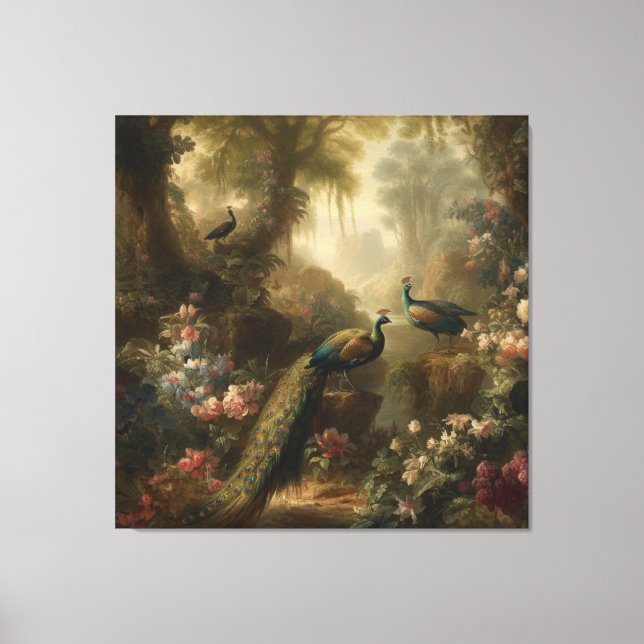 Lienzo Botánico: tres pavos reales en jardín inglés (Anverso)