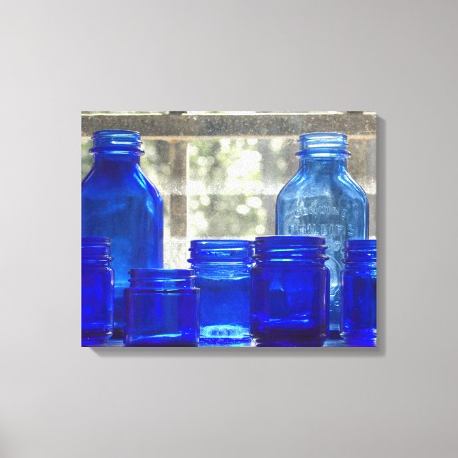 Lienzo Botellas de vidrio azul anticuado (impresión de li (Anverso)