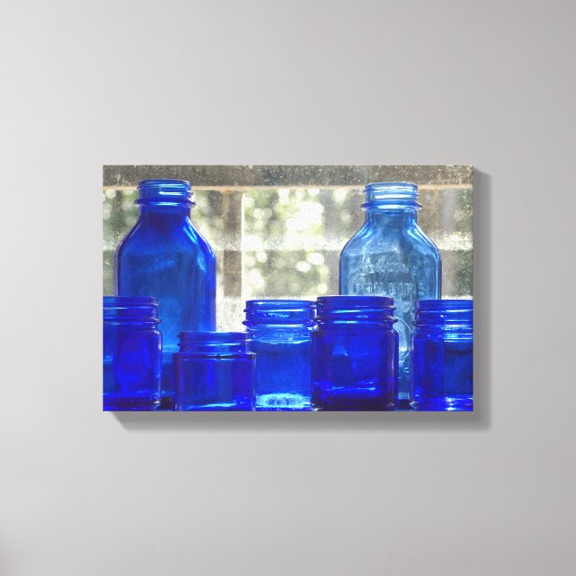 Lienzo Botellas de vidrio azul anticuado (impresión de li (Anverso)