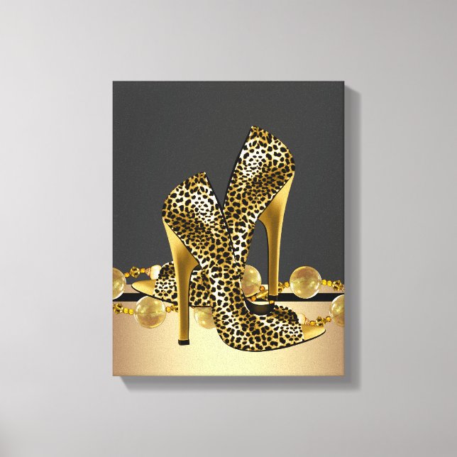 Lienzo Boutique de zapatos de tacón de leopardo negro y d (Anverso)