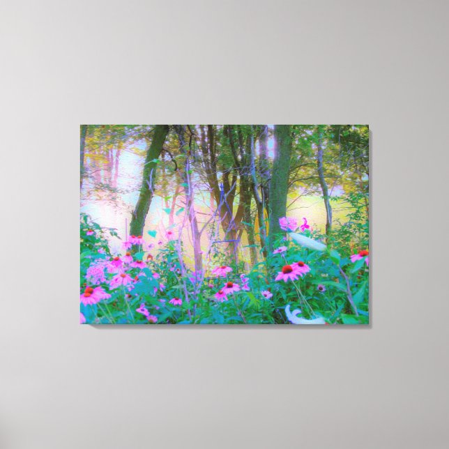 Lienzo Brillante amanecer con flores rosas en mi jardín (Anverso)