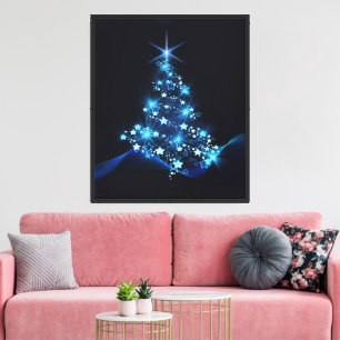 Lienzo Brillo azul de estrellas en árbol de Navidad oscur