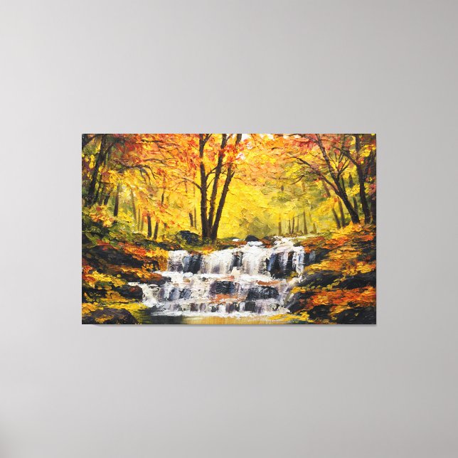 Lienzo Brisk Autumt Waterfall Oil Paint Canvas Wall Art (Anverso)