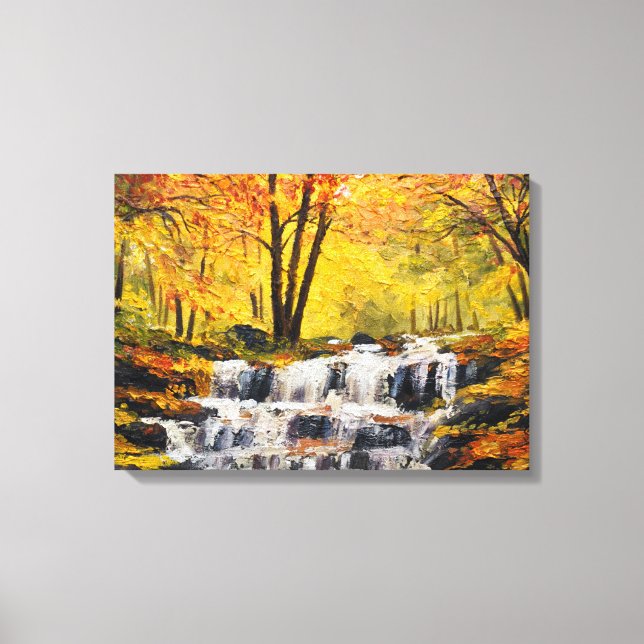 Lienzo Brisk Autumt Waterfall Oil Paint Wall Art (Anverso)