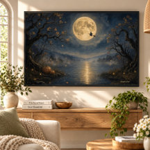 Bruja bajo luna llena gótica Halloween lago