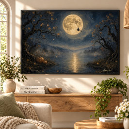 Lienzo Bruja bajo luna llena gótica Halloween lago