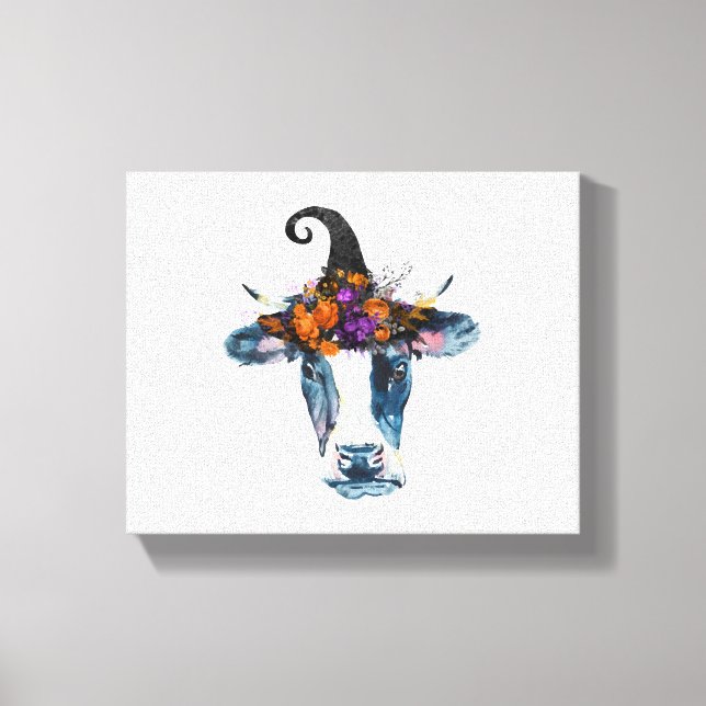 Lienzo Bruja de Halloween blanco negro vaca (Anverso)