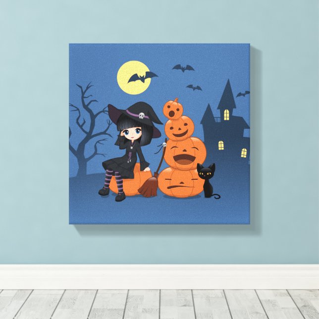 Lienzo Bruja de Halloween, gato negro y calabazas (Insitu (piso de madera))