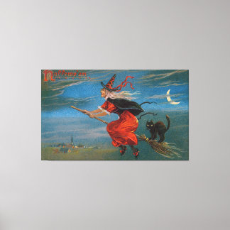 Lienzo Bruja de Halloween volando gato negro por la noche