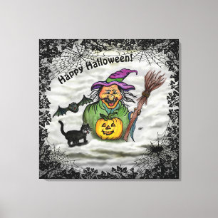 Lienzo Bruja , Gato , Murciélago y Calabaza , ¡Feliz Hall