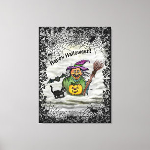 Lienzo Bruja , Gato , Murciélago y Calabaza , ¡Feliz Hall