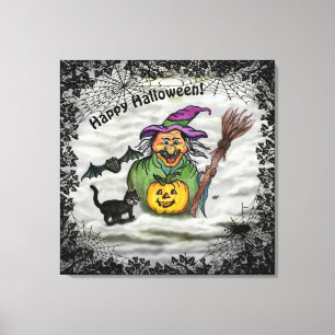 Lienzo Bruja, gato, murciélago y calabaza, ¡Feliz Hallowe