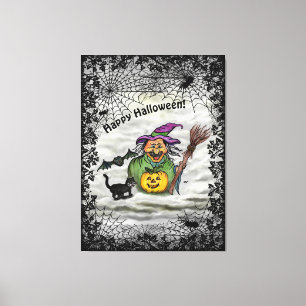 Lienzo Bruja, gato, murciélago y calabaza, ¡Feliz Hallowe