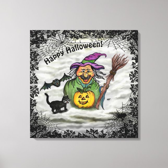 Lienzo Bruja, gato, murciélago y calabaza, ¡Feliz Hallowe (Anverso)