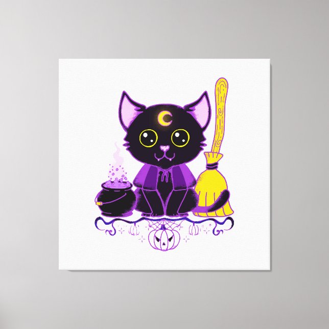 Lienzo Bruja Gato Negro Cute de Halloween (Anverso)