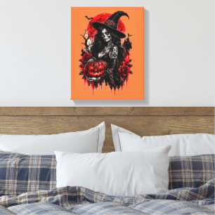 Lienzo Bruja Gótica Calabaza Halloween Gato Negro Espeluz