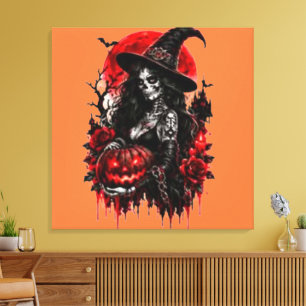 Lienzo Bruja Gótica Calabaza Halloween Gato Negro Espeluz
