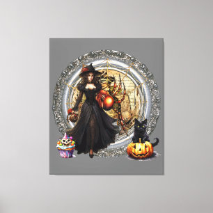 Lienzo Bruja Y Gato De Halloween