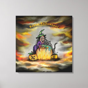 Lienzo Bruja y gato negro, ¡Feliz Halloween!