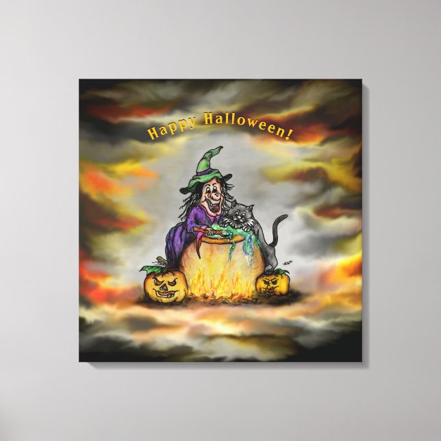 Lienzo Bruja y gato negro, ¡Feliz Halloween! (Anverso)