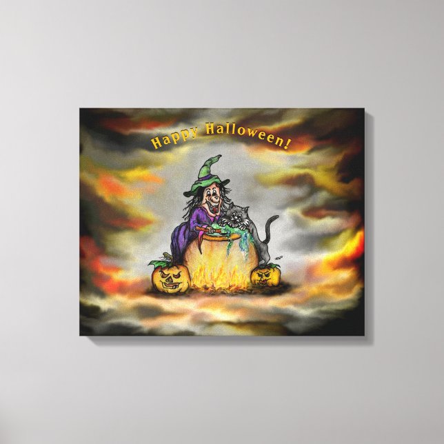 Lienzo Bruja y gato negro, ¡Feliz Halloween! (Anverso)