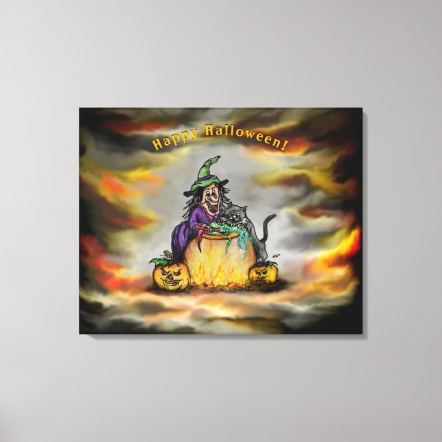Lienzo Bruja y gato negro, ¡Feliz Halloween! (Anverso)