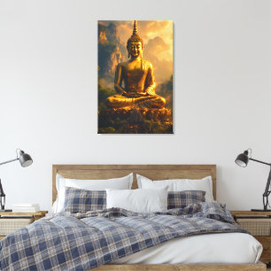 Lienzo Buda sentado dorado bajo un cielo de puesta de sol