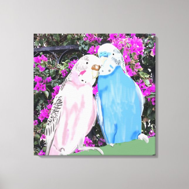 Lienzo Budgies y Bougainvillea de besos rosas y azules (Anverso)
