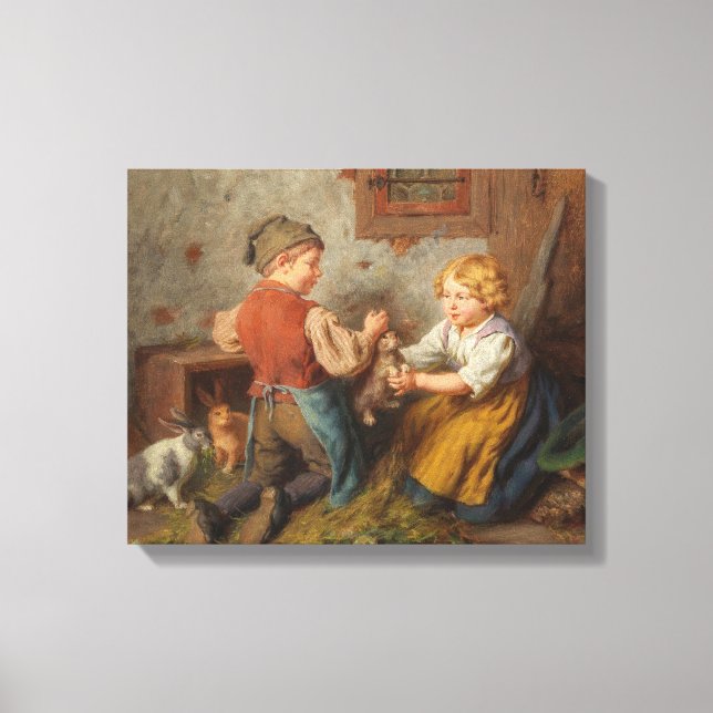 Lienzo Buenos Amigos (Jóvenes Jugando Con Conejo Mascota) (Anverso)