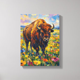 Lienzo Búfalo en campo de flores silvestres pintura de ar