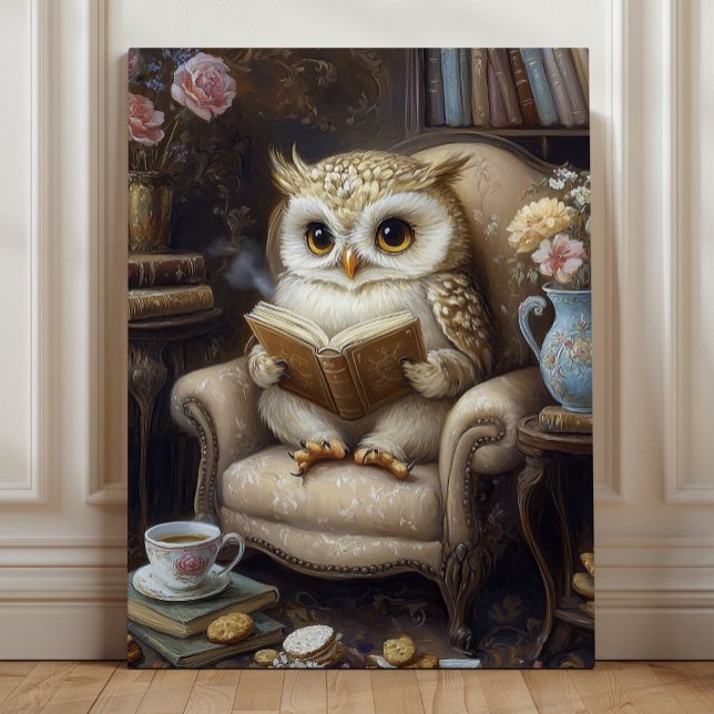 Lienzo Búho de biblioteca libresco – Búho caprichoso leye (Bookish Owl in the Library – Whimsical Reading Owl Art by Nicole Cossairt)